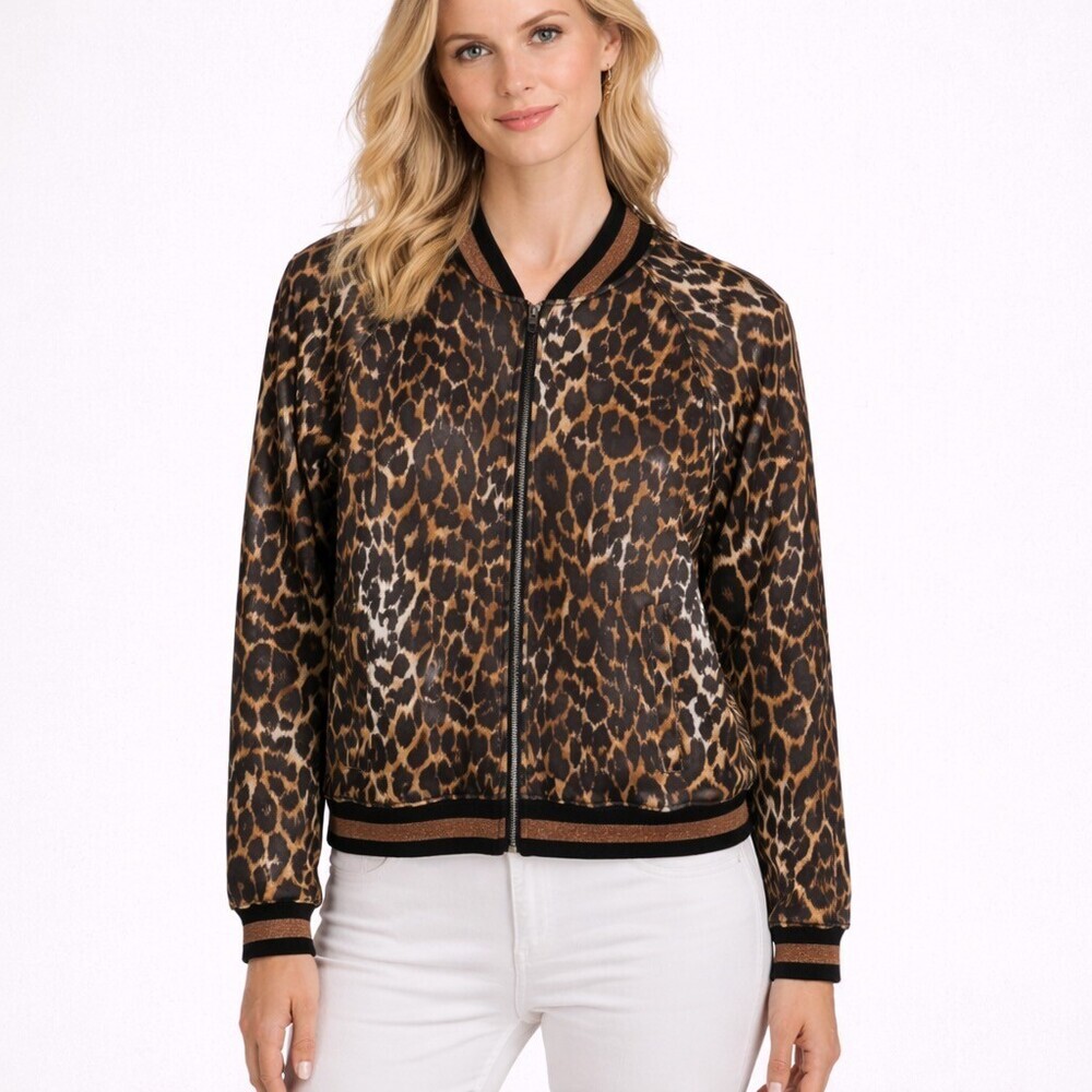 PAM & GELA Leopard Print zip front bomber jacket size Medium